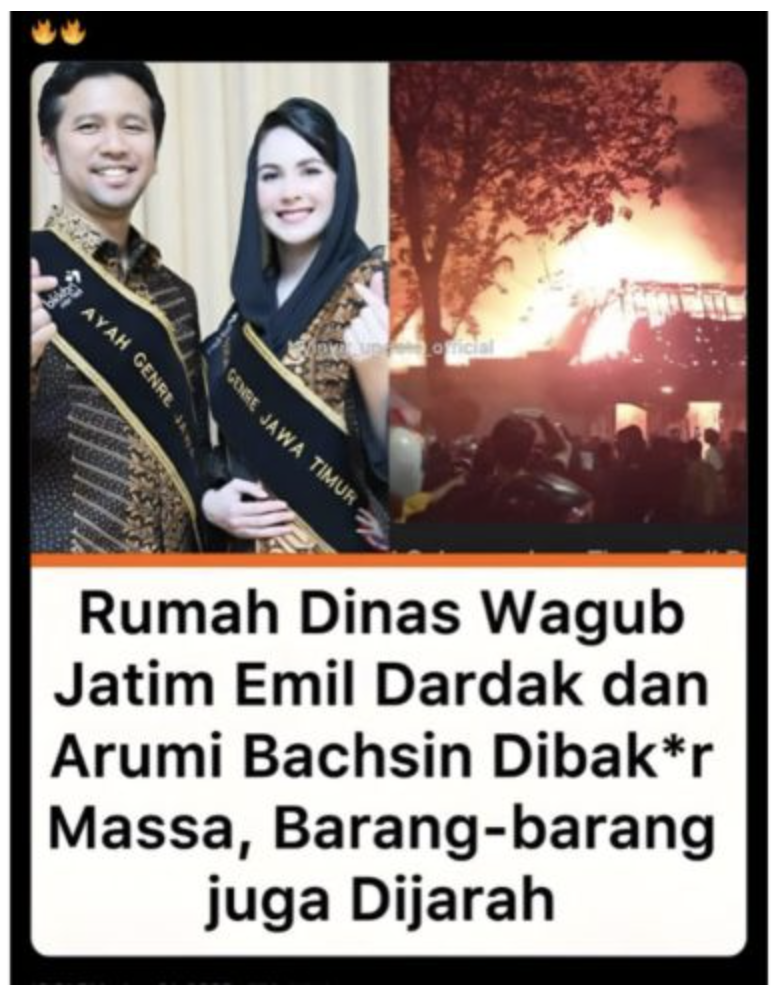 Narasi tidak benar soal terbakarnya rumah Emil Dardak dan Arumi (X)